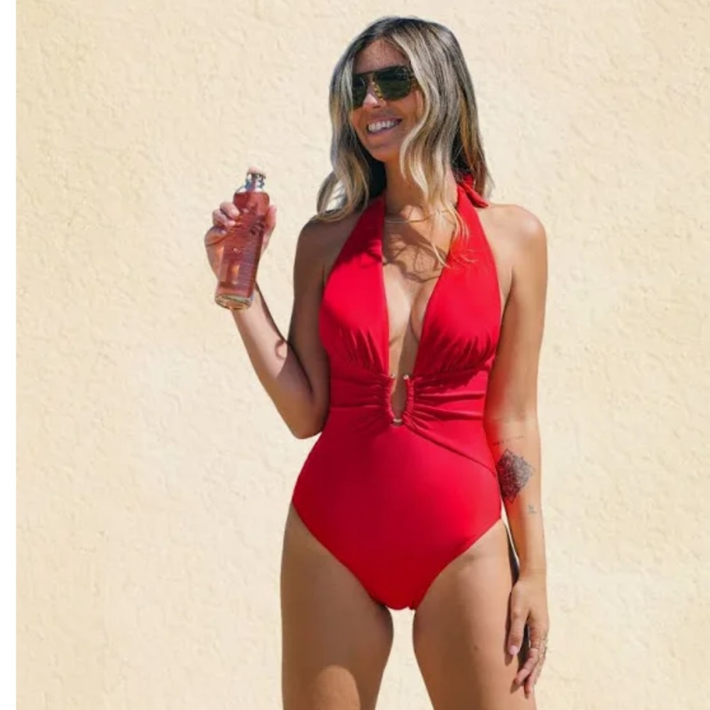 Cupshe Women's Bold Red Deep V Halter One-Piece Swimsuit